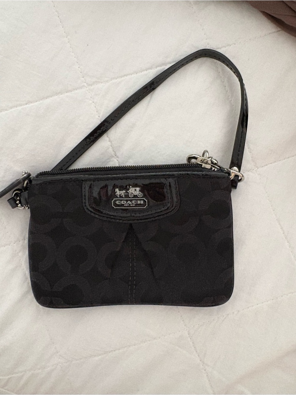 Coach Black Signature Canvas Wristlet with Patent Trim